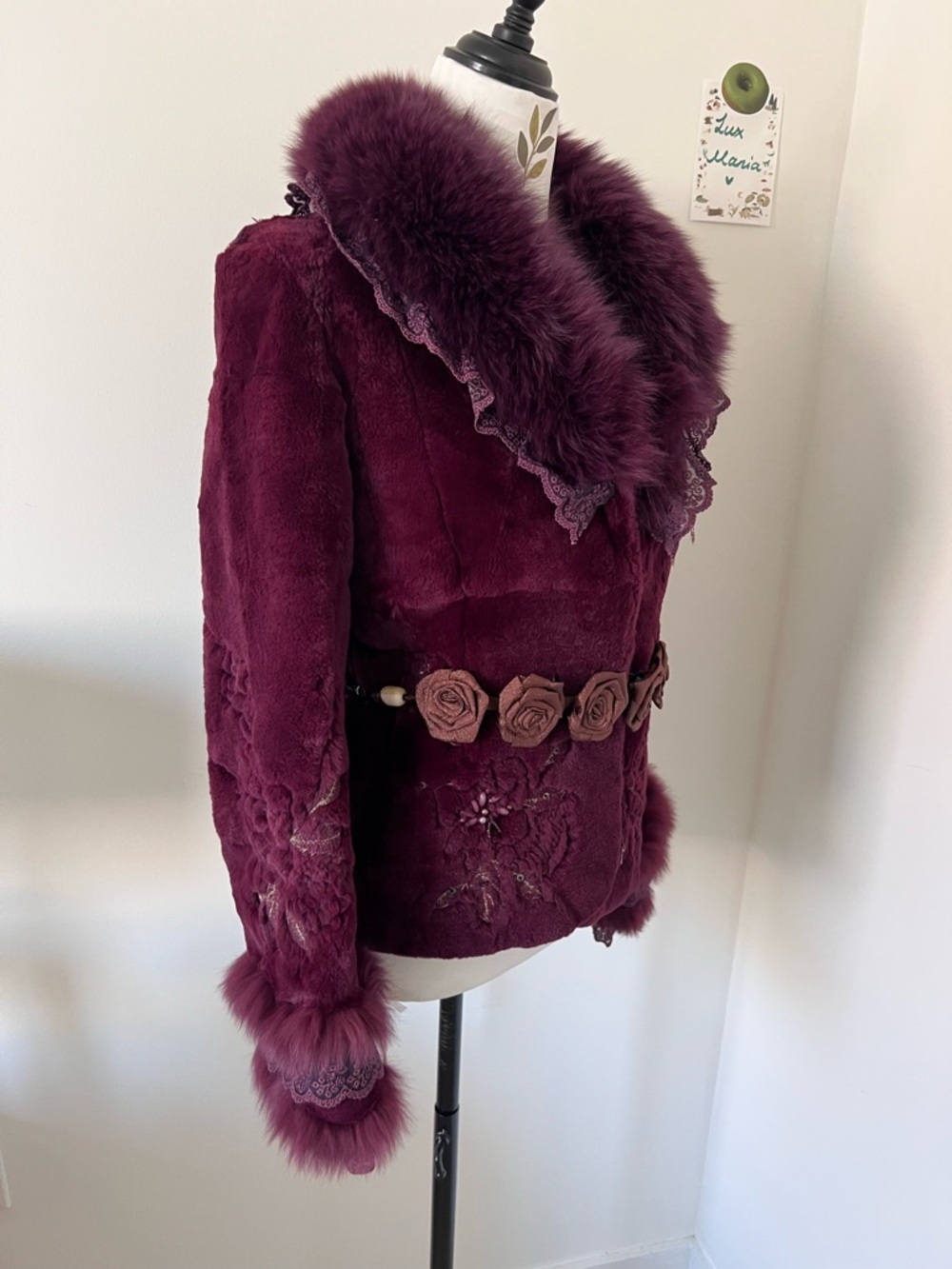 Vintage Purple Real Rabbit Fur Jacket w Fox Collar & Rose Belt Embroidered M - Picture 5 of 14